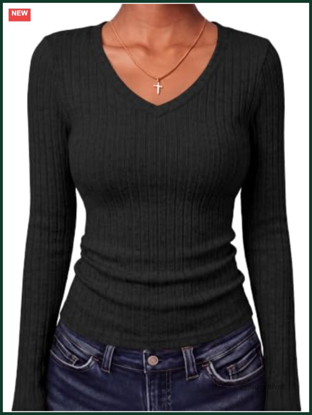 Women's Long Sleeve Ribbed Fitted V-Neck Pullover Sweater Top